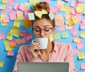 Multitasking in den Wechseljahren - Frau mit unzähligen Zetteln um den Kopf herum sitzt vor einem Laptop.