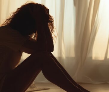 Frau sitzt auf dem Boden, den Kopf auf die Hände gestützt, vor einem Fenster.