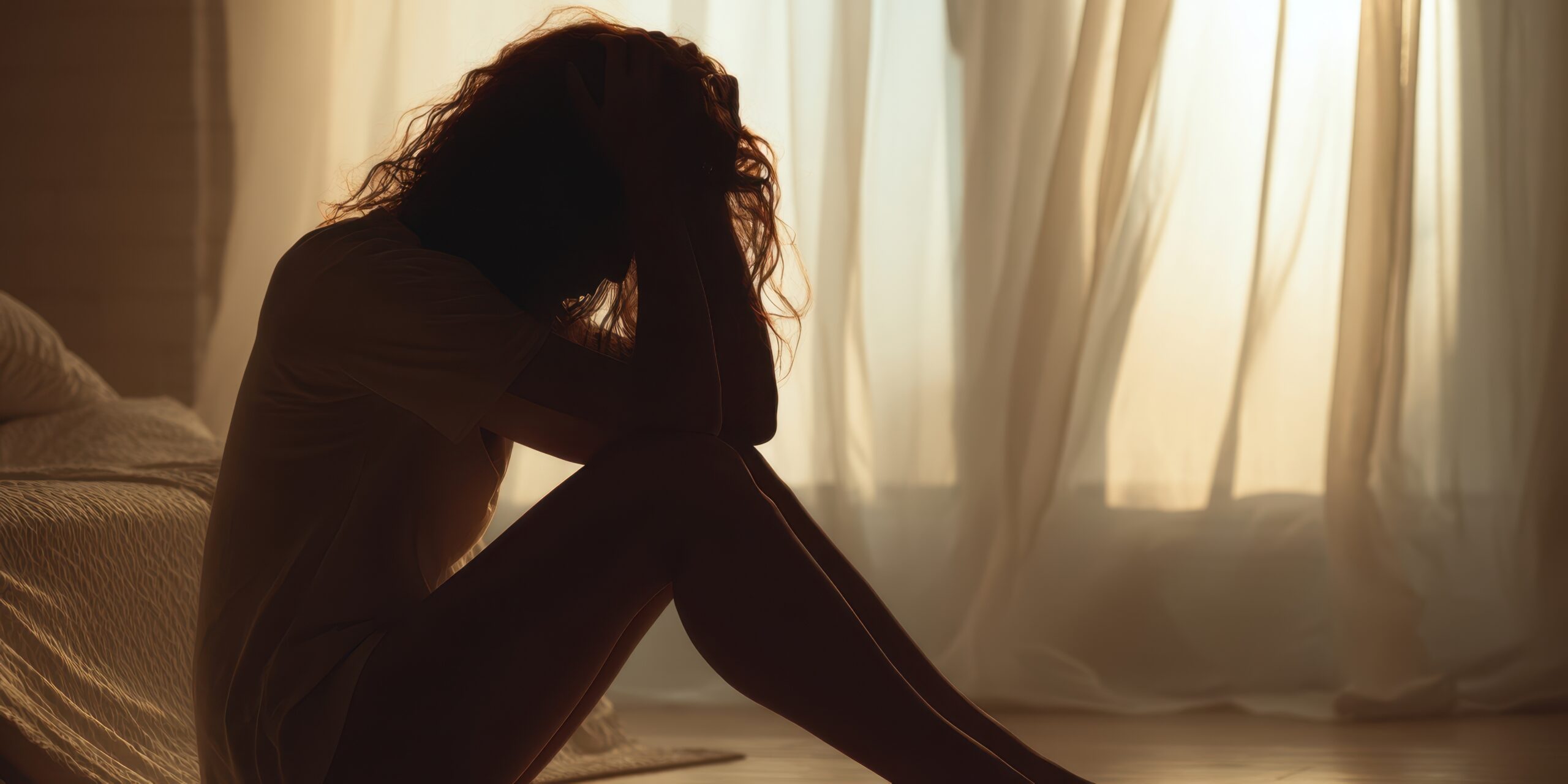 Frau sitzt auf dem Boden, den Kopf auf die Hände gestützt, vor einem Fenster.