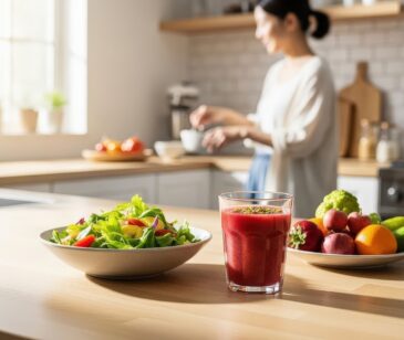 Mikronährstoffe: Abbildung von gesundem Essen auf zwei Tellern und einem Glas mit rotem Saft in einer Küche.