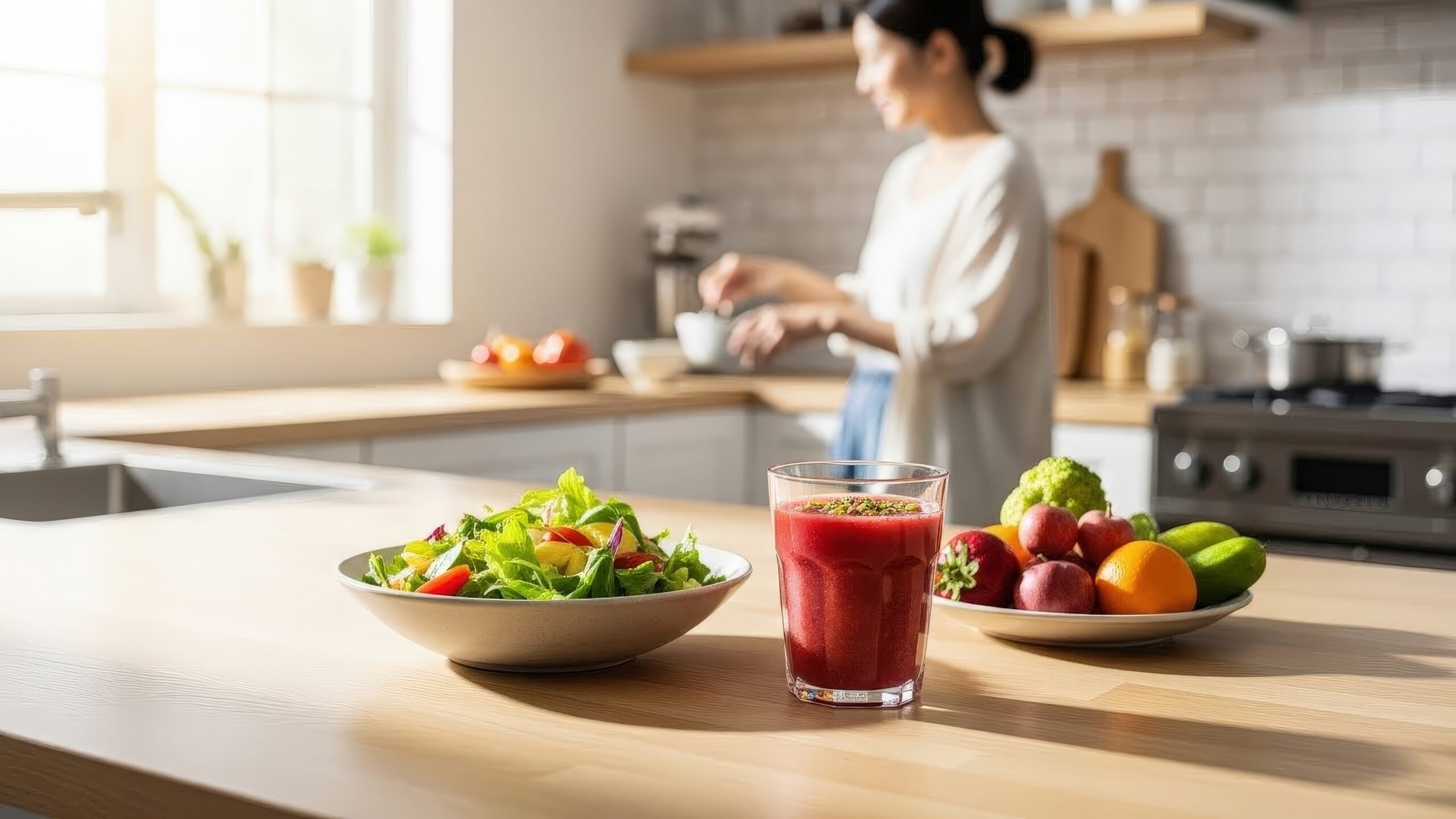 Mikronährstoffe: Abbildung von gesundem Essen auf zwei Tellern und einem Glas mit rotem Saft in einer Küche.
