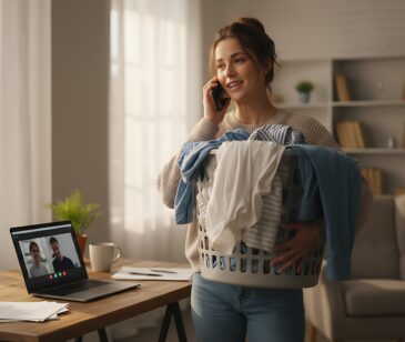 Multitasking Detox - Frau erledigt mehrere Dinge gleichzeitig