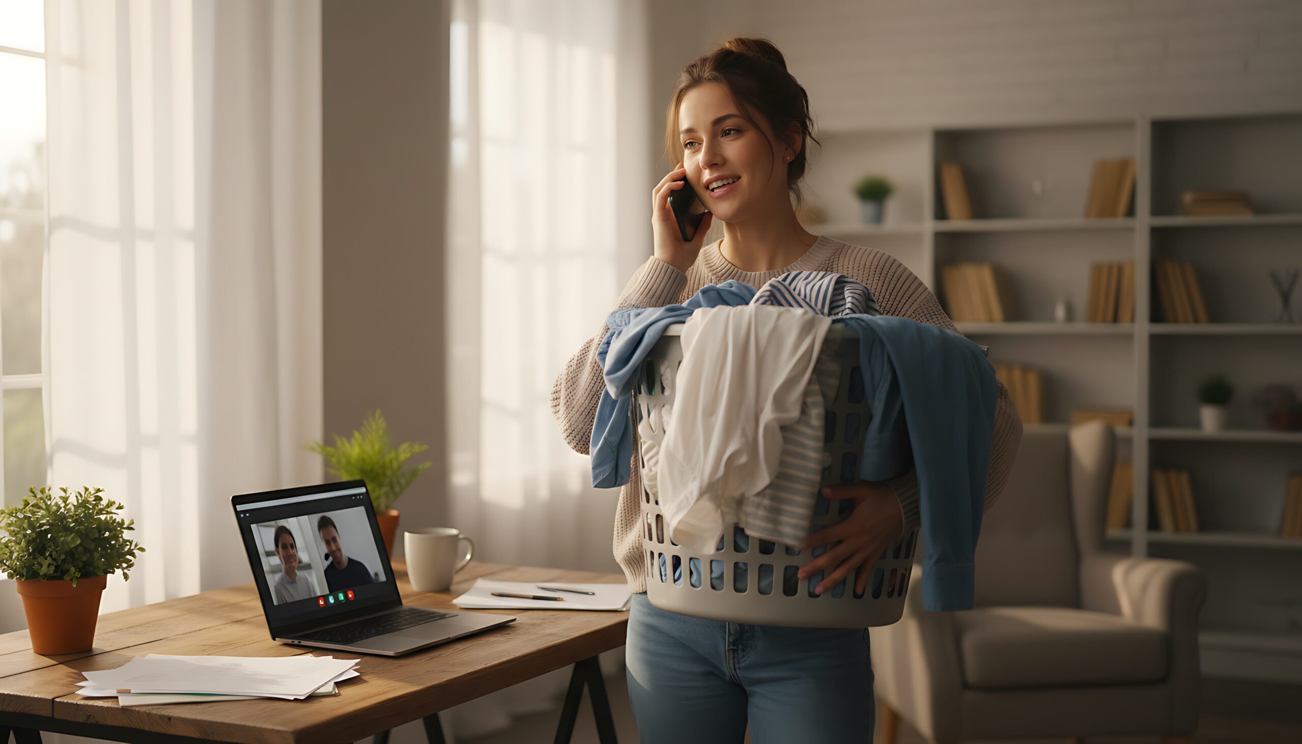 Multitasking Detox - Frau erledigt mehrere Dinge gleichzeitig